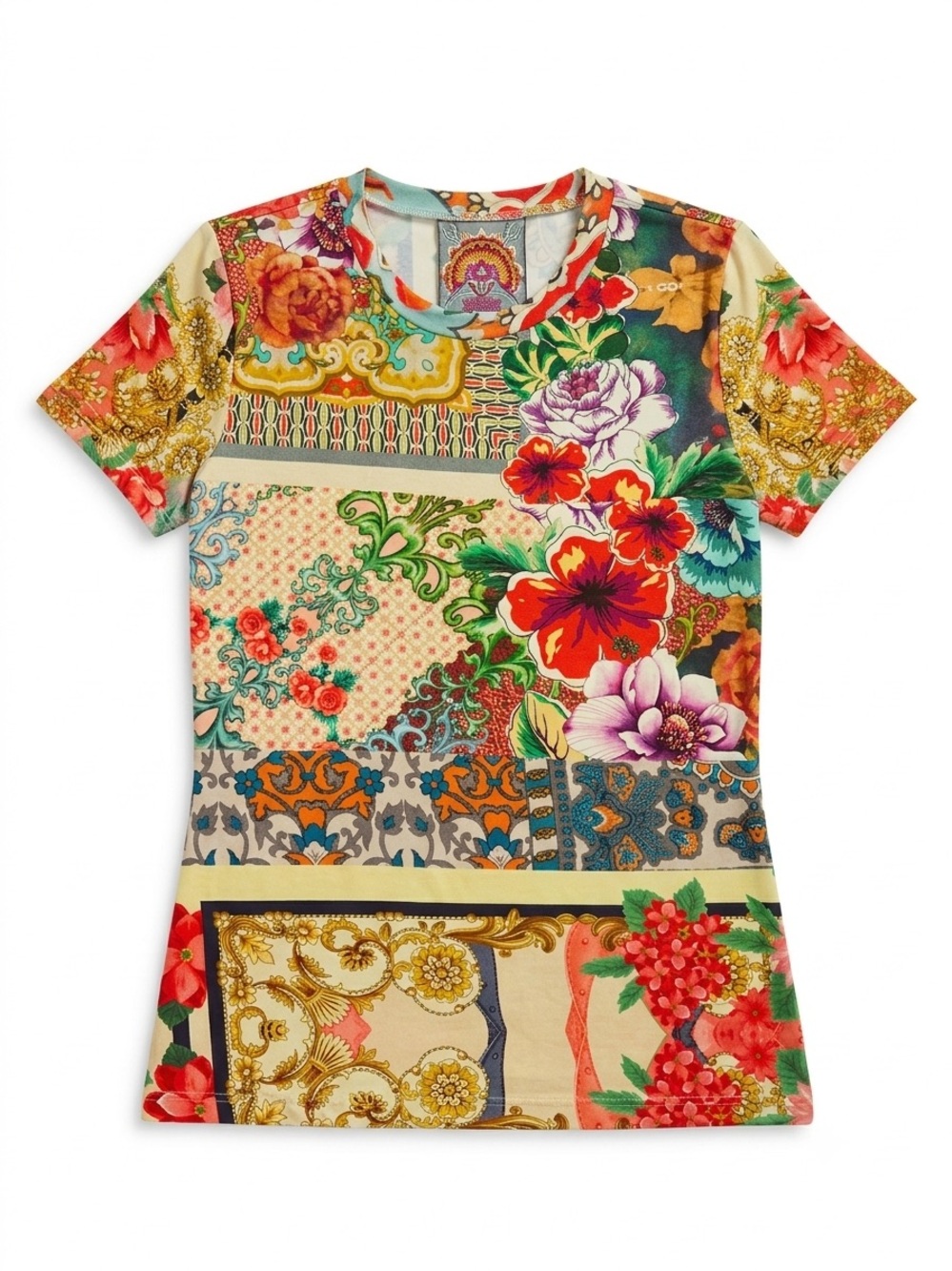 Johnny Was Multicolor Patchwork Floral Short Sleeve Tee